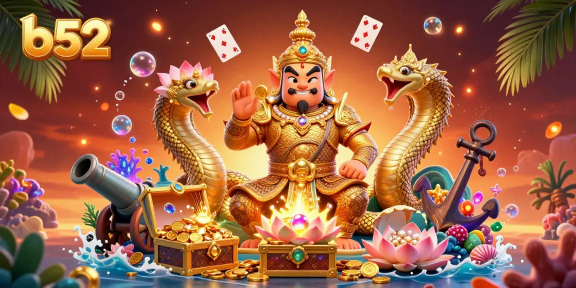 Experience the vibrant action at b52 with a majestic Thai guardian and treasures in a rich casino environment.