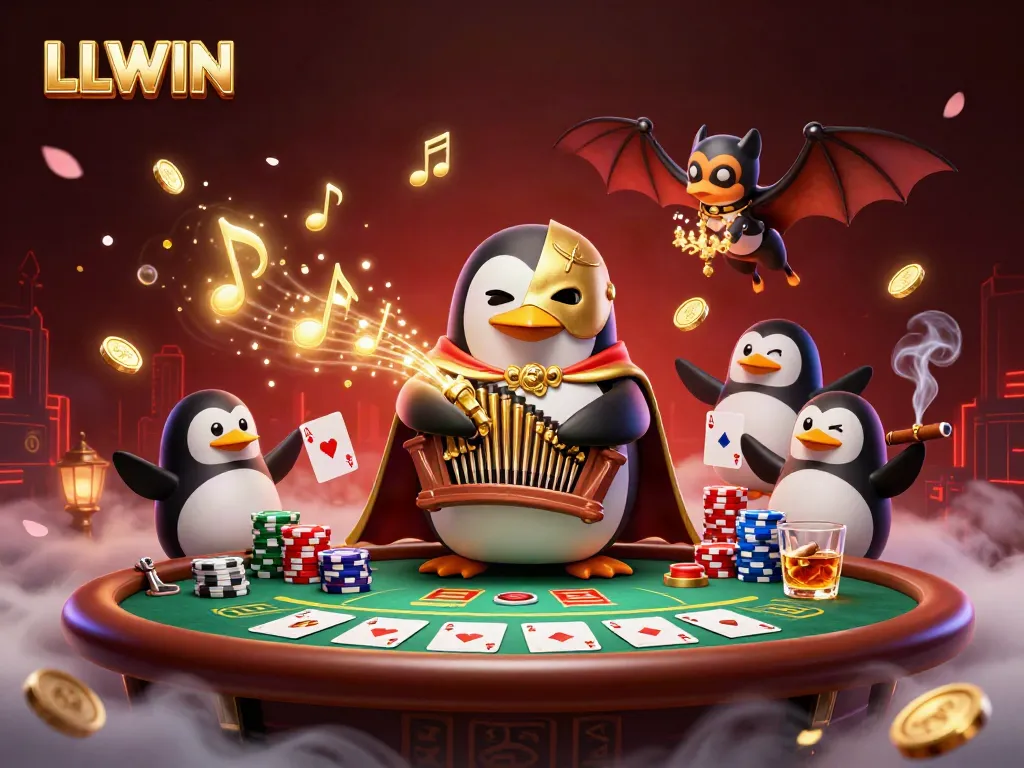 Engage with LLWIN's vibrant gambling experience featuring a penguin in an opulent casino.