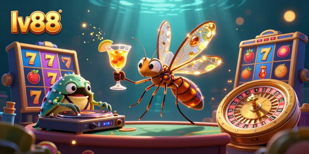 Experience the excitement of lv88 as a frozen mosquito mascot holds a golden cocktail amidst vibrant casino elements.