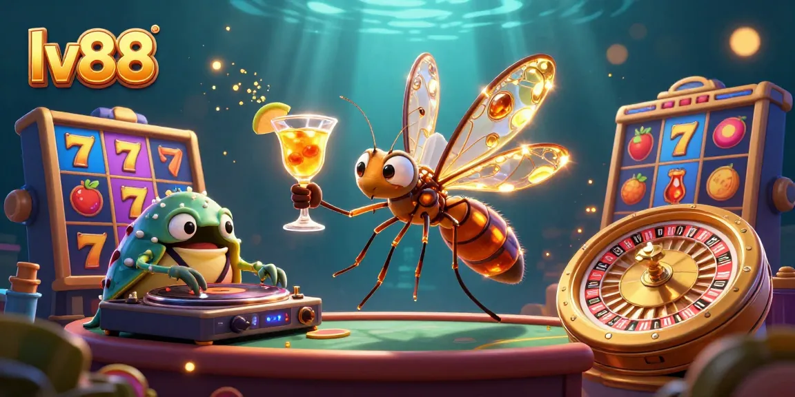Experience the excitement of lv88 as a frozen mosquito mascot holds a golden cocktail amidst vibrant casino elements.