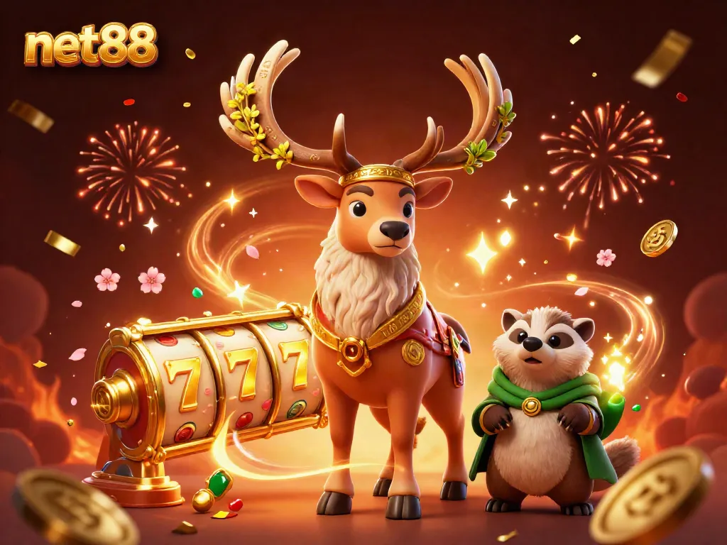 Experience the excitement of net88 with vibrant illustrations of spinning slot reels and celebratory elements.