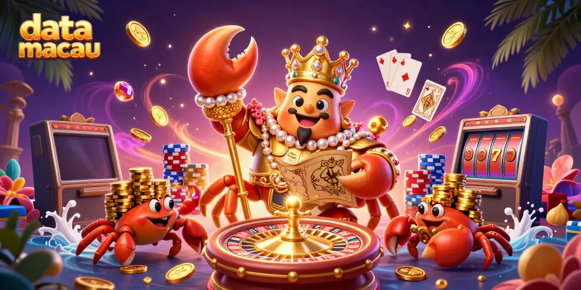 Melihat data Macau melalui ilustrasi 3D yang menampilkan kepiting emas memegang scepter di kasino.