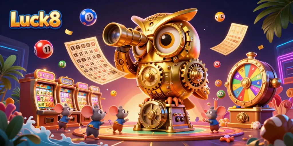 Luck8's dynamic casino scene featuring a golden owl and wind-up mice amidst colorful gaming elements.