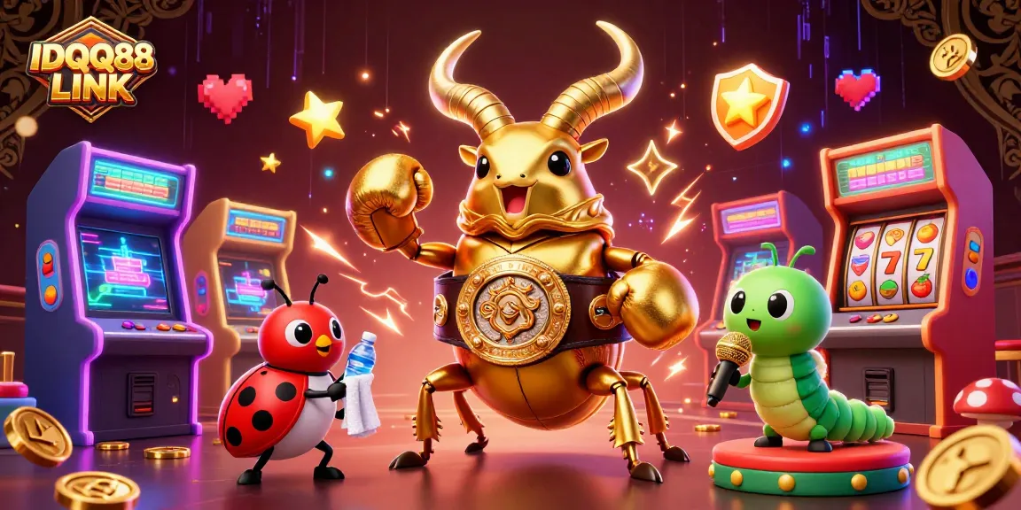 Experience the excitement of IDQQ88 LINK with a vibrant 3D gaming scene featuring unique casino characters.
