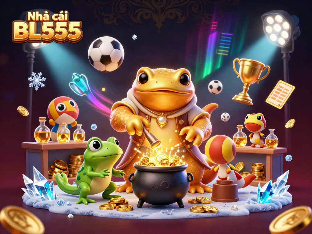 The dynamic action of Nhà cái BL555 with a whimsical alchemist and gold coins in a vibrant casino scene.