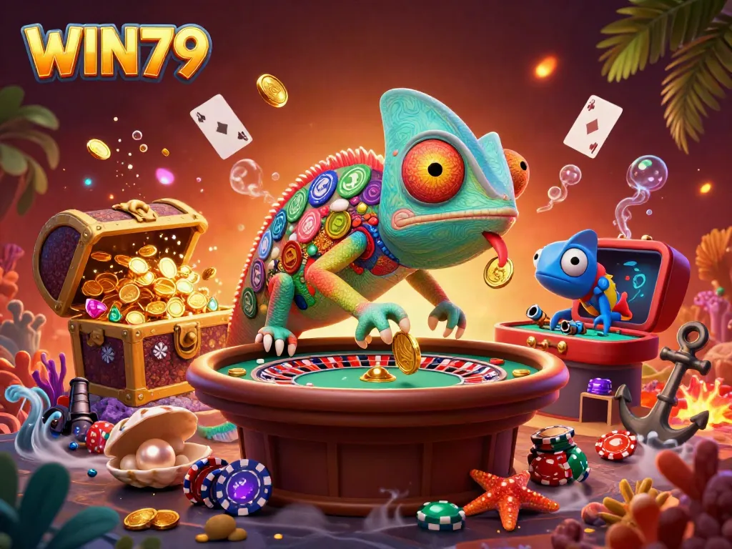 Engage with WIN79's vibrant gaming world featuring a dynamic chameleon casino owner and treasure-filled scenes.
