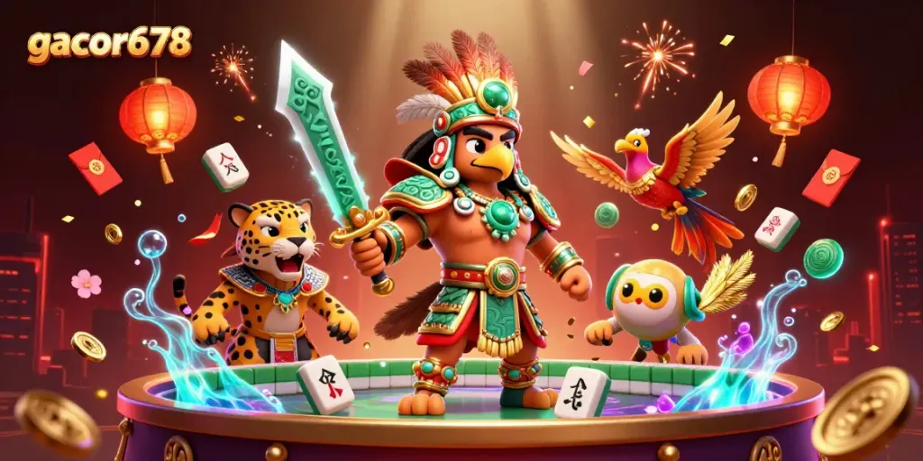 Join the excitement with gacor678 as eagle and jaguar warriors celebrate under vibrant casino elements.