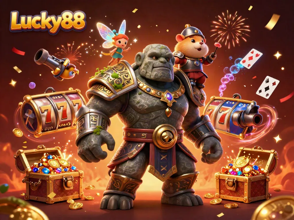 Experience the thrill of Lucky88 as the golem guardian and hamster knight embark on a magical gaming adventure.