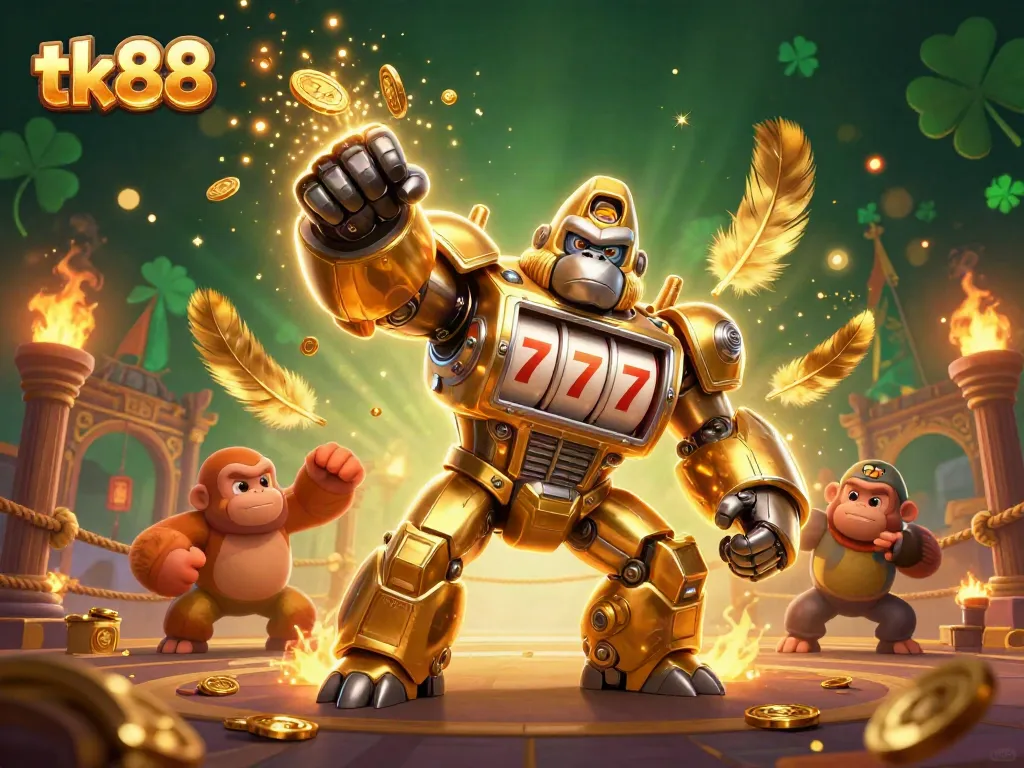 Engage with tk88's thrilling gaming experience featuring a dynamic gorilla mech in a vibrant casino scene.