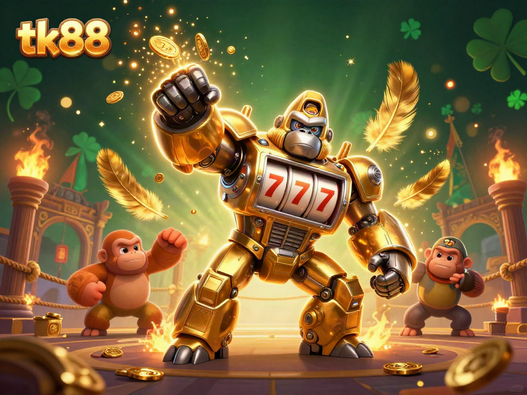 Engage with tk88's thrilling gaming experience featuring a dynamic gorilla mech in a vibrant casino scene.