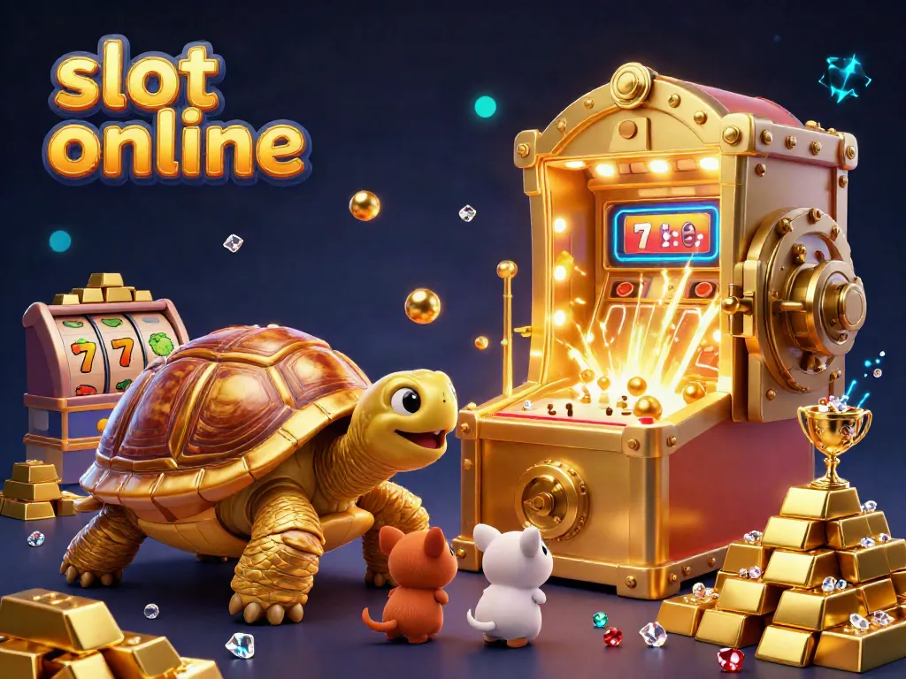 Experience the thrill of slot online with vibrant 3D visuals of a colossal golden tortoise gaming scene.