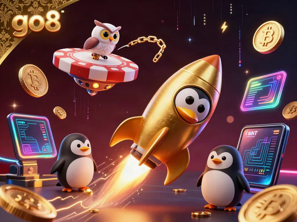 Experience the thrill of go8 gaming with a dynamic 3D illustration of a golden penguin and casino themed elements.