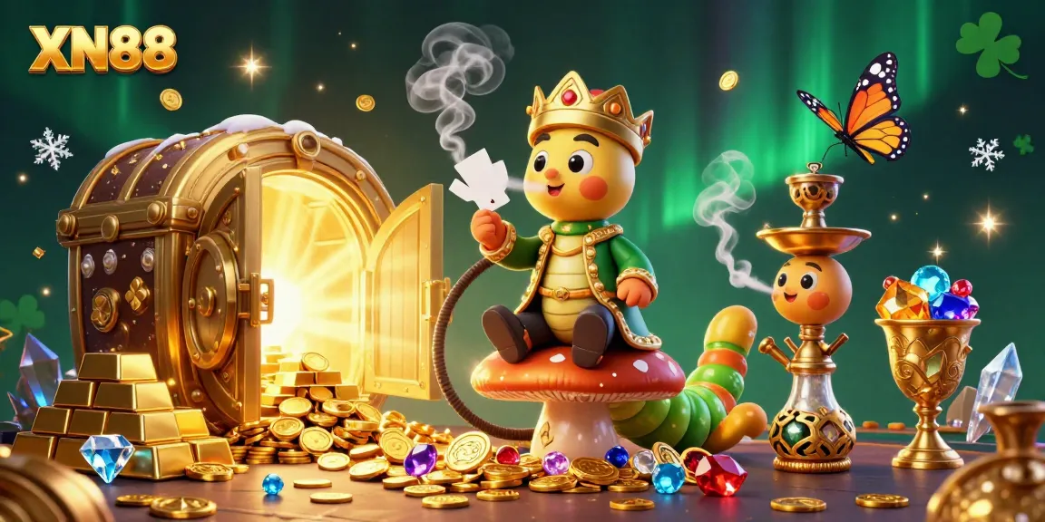 XN88 showcases a vibrant 3D casino illustration with a caterpillar character, poker symbols, and radiant gems.