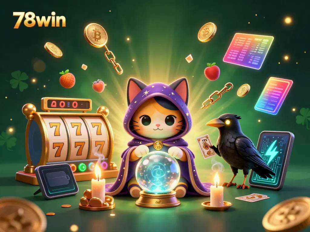 Engage with 78win's vibrant casino scene featuring a mystical cat and a tarot raven, surrounded by slot symbols and cryptocurrency elements.