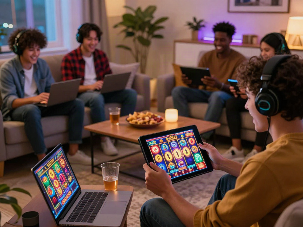 Excited players enjoying slot games on their devices while engaging in social interaction about tuan88.