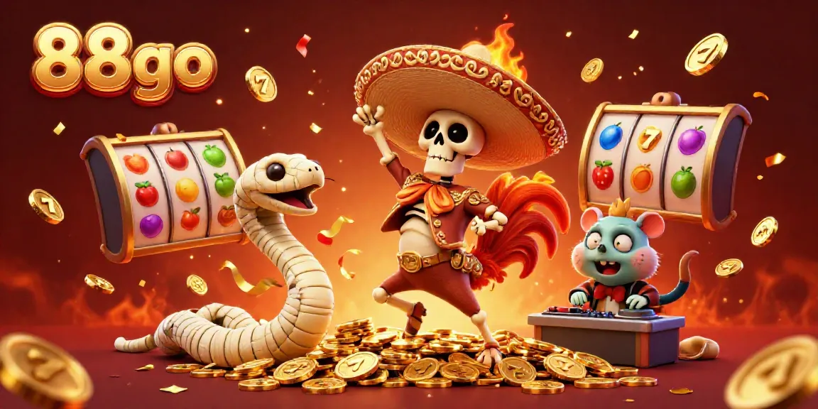 Experience the excitement of 88go with a festive, colorful casino scene featuring a joyful mariachi rooster and vibrant slot elements.