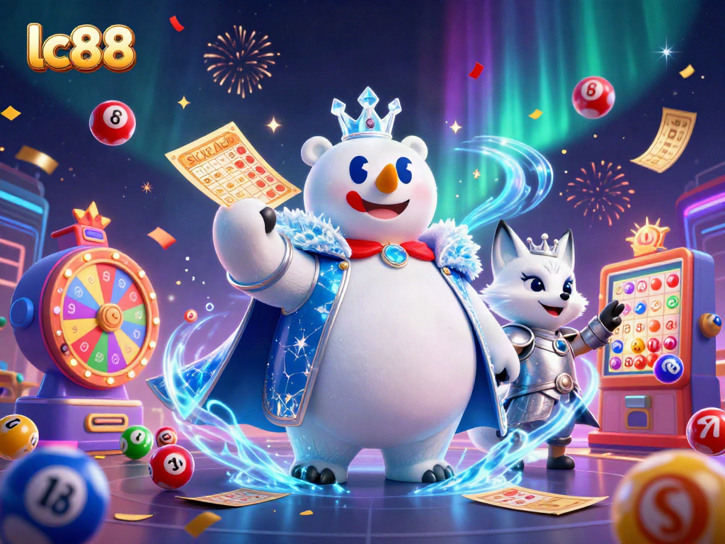 Engaging lc88 gaming scene showcasing a polar bear and snow fox amidst vibrant lottery elements.