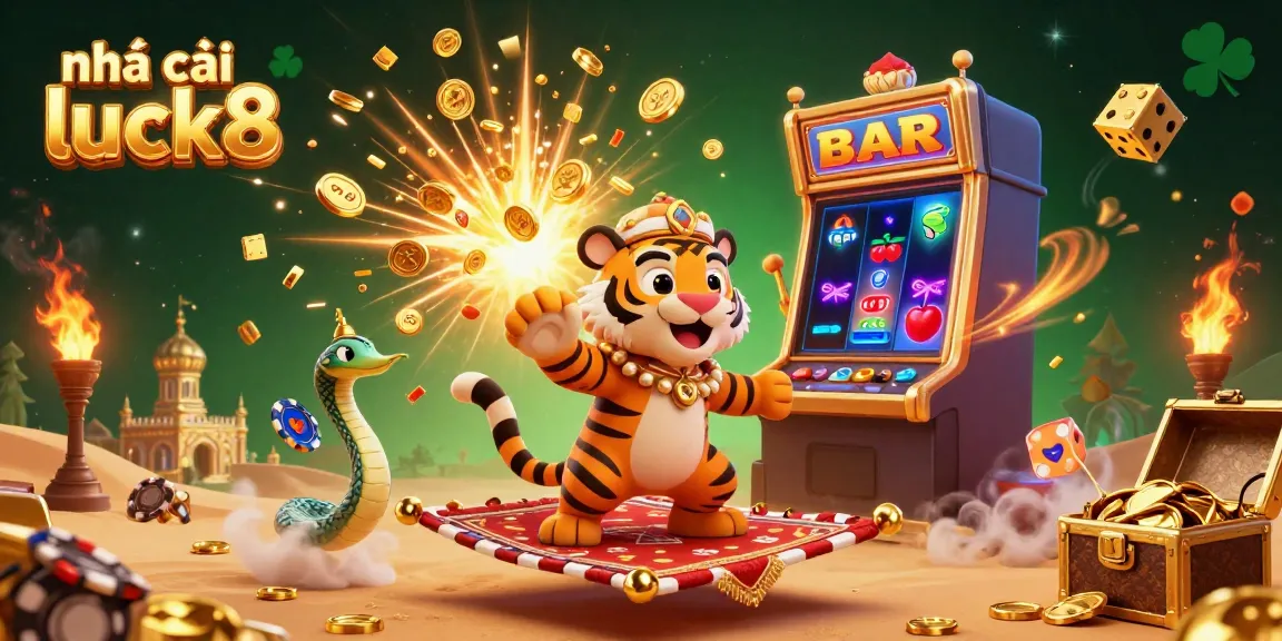 Engaging visual of Nhà cái luck8 promoting casino excitement with a tiger sultan, jackpot elements, and a vibrant background.