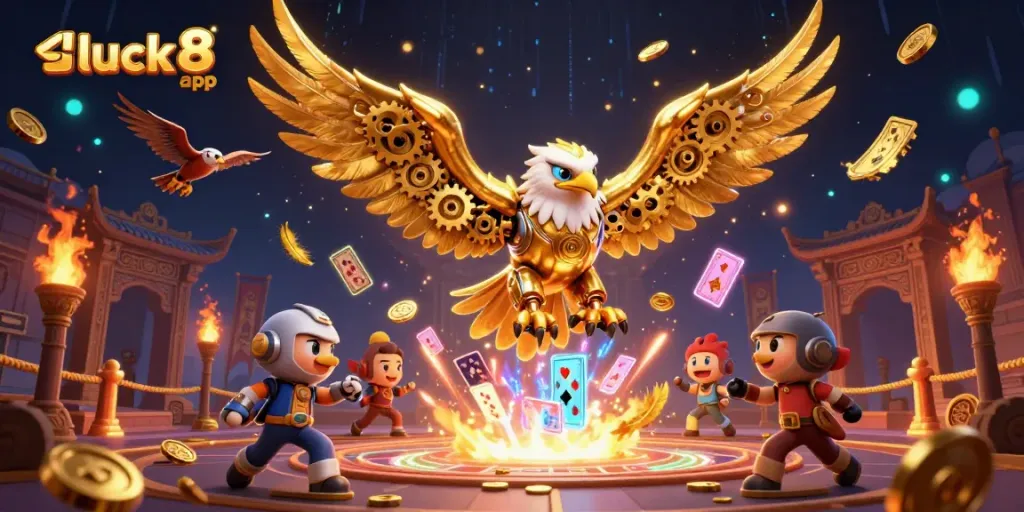 Engage with the luck8 app through exhilarating games, featuring a cybernetic eagle and dynamic casino elements.