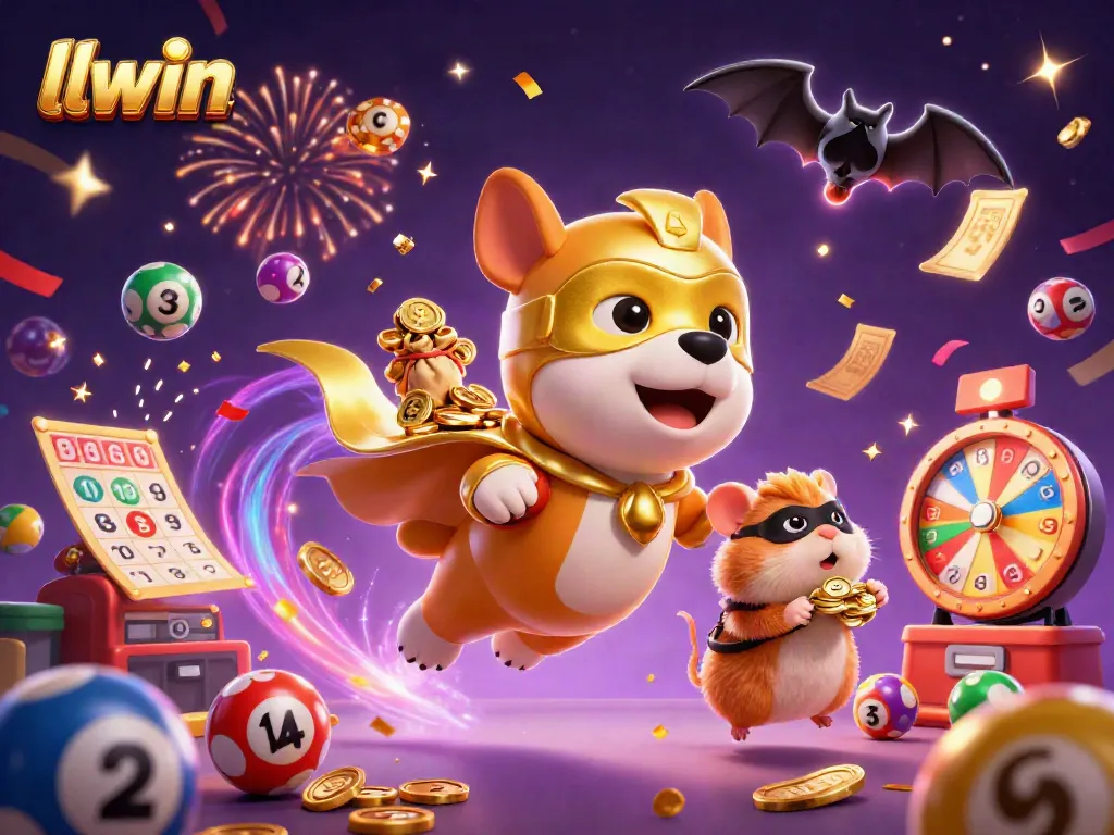 llwin gameplay featuring a superhero dog and hamster flying through a vibrant casino-themed scene