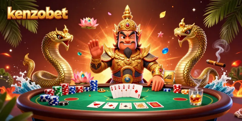 Kenzobet players enjoying a thrilling poker game with vibrant 3D casino elements
