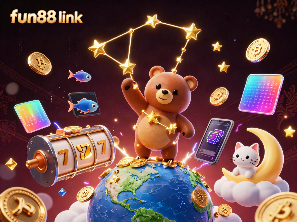 Experience the excitement at fun88 link with a vibrant 3D casino scene featuring a golden constellation bear, coins, and slot reels.