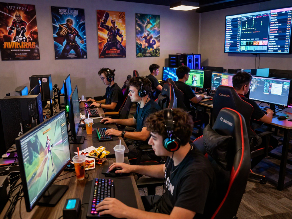 Warung168 interactive gaming café scene with gamers immersed in multiplayer action, showcasing vibrant gaming atmosphere.