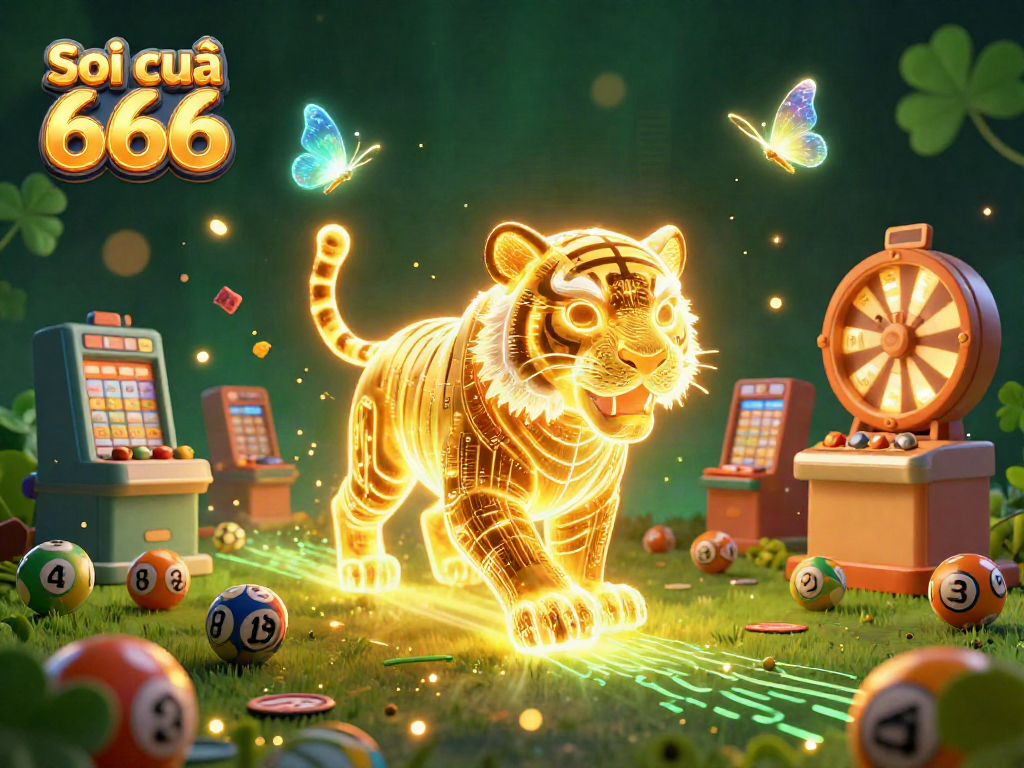Soi cầu 666 showcases a neon-wireframe tiger in a dynamic lottery scene with vibrant elements.