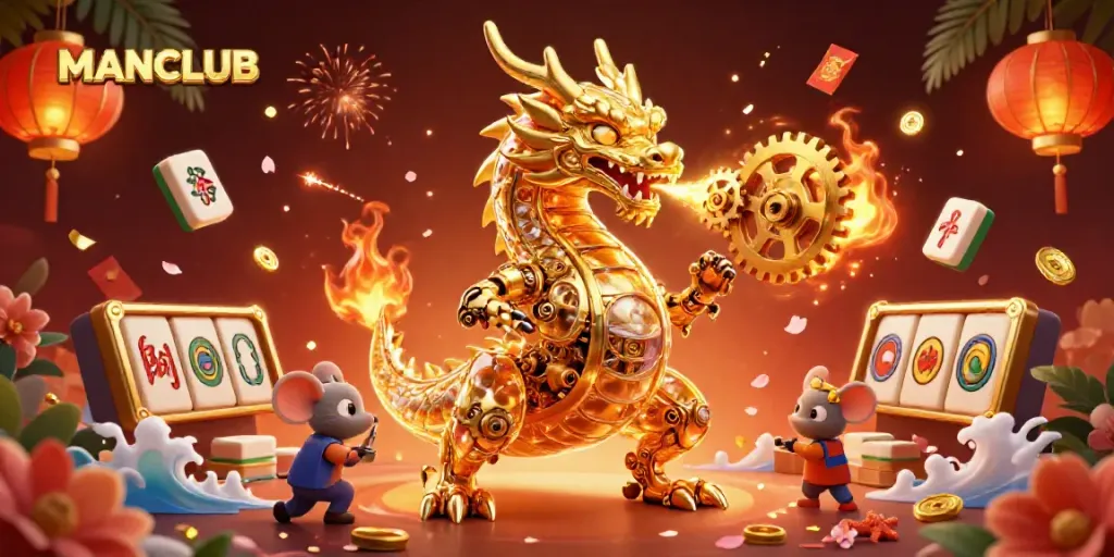 Experience the vibrant energy of MANCLUB with a golden dragon in a festive casino scene.
