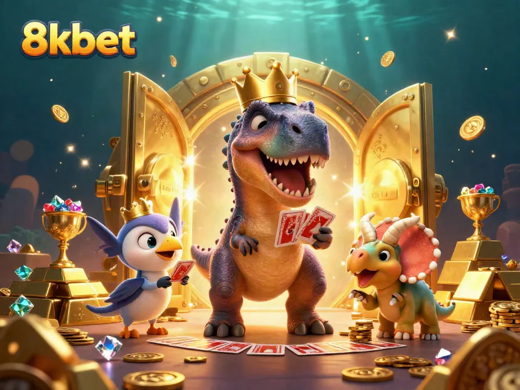 Engage with the vibrant 8kbet scene featuring cartoon dinosaurs playing cards amidst a treasure-filled casino environment.