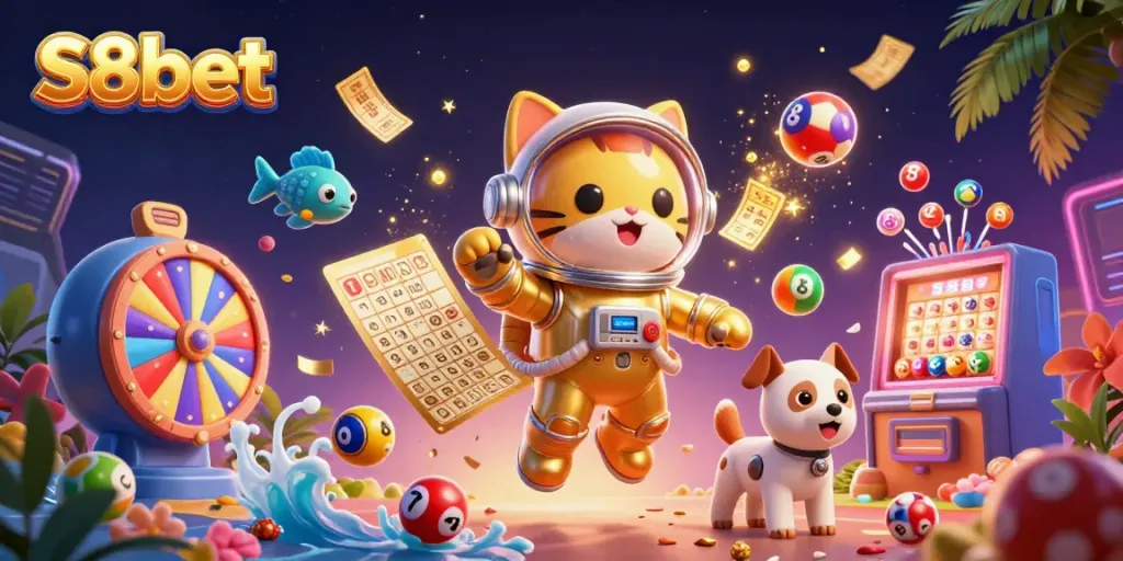Experience dynamic gameplay with S8bet in this vibrant, colorful casino illustration.