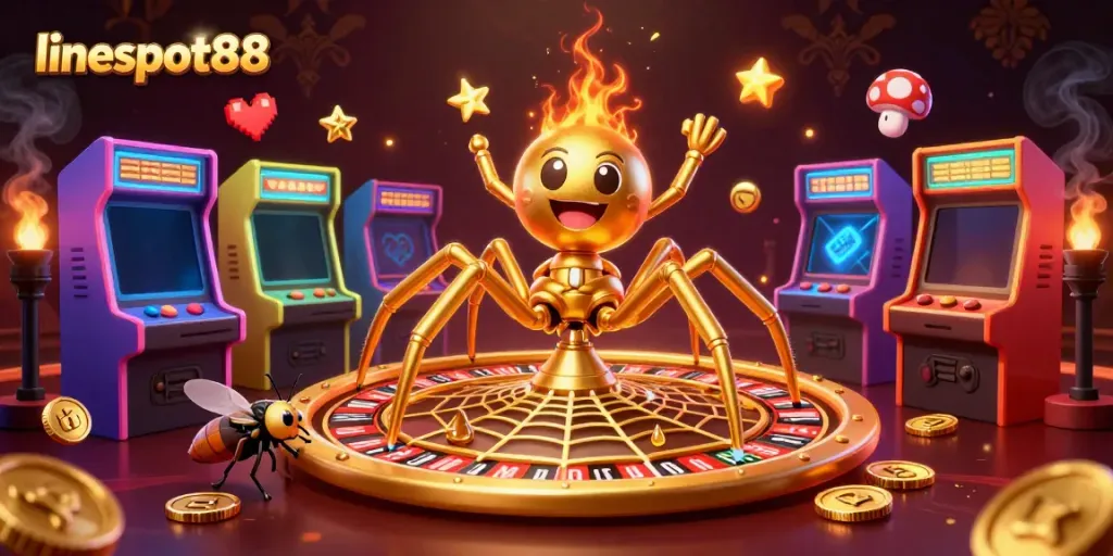 Engage in thrilling gameplay at lineslot88 with unique casino elements featuring golden spider and croupier.