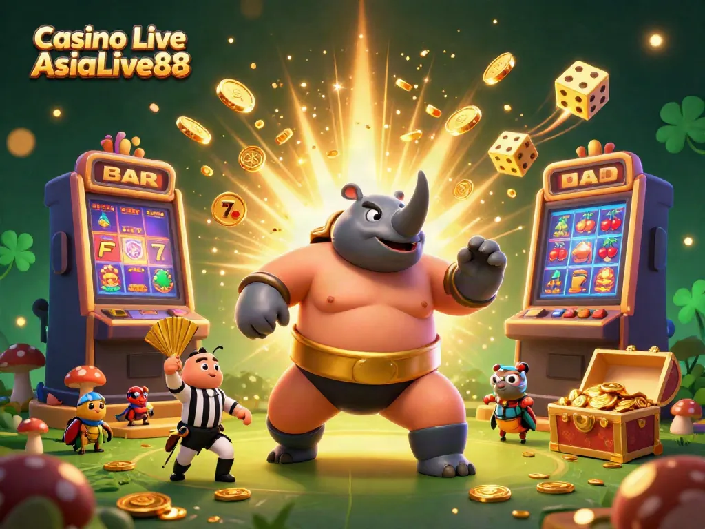Witness exciting gameplay at Casino Live AsiaLive88 with a cartoon beetle champion and vibrant casino elements.