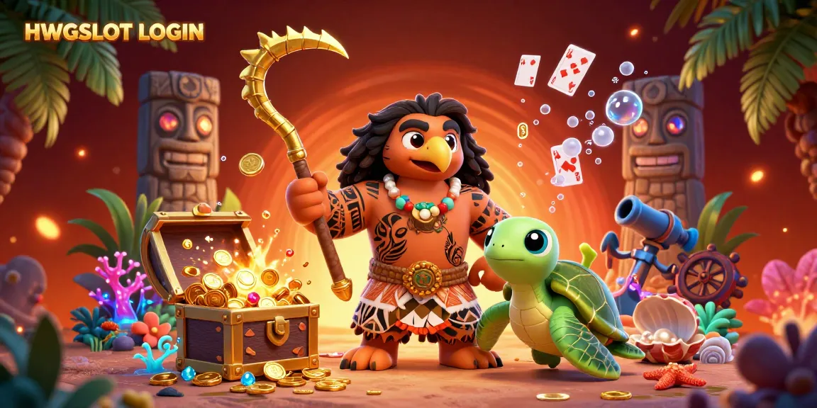 Engage with HWGSLOT LOGIN through this vibrant 3D illustration depicting a Polynesian demigod and treasure-themed elements.