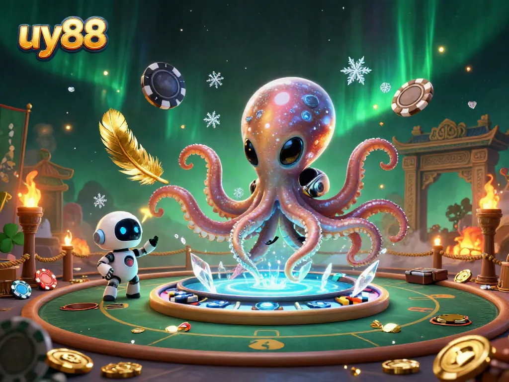 Join the excitement at uy88 with a cosmic alien octopus and its robot buddy engaging in a thrilling 3D poker game.