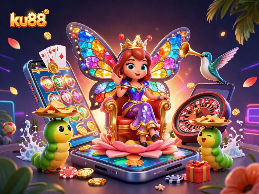 ku88 captures the thrill of slots with a vibrant butterfly queen in a lively casino scene