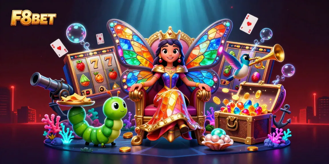 Engage in thrilling gaming adventures with F8BET's vibrant casino illustration featuring dynamic 3D elements.
