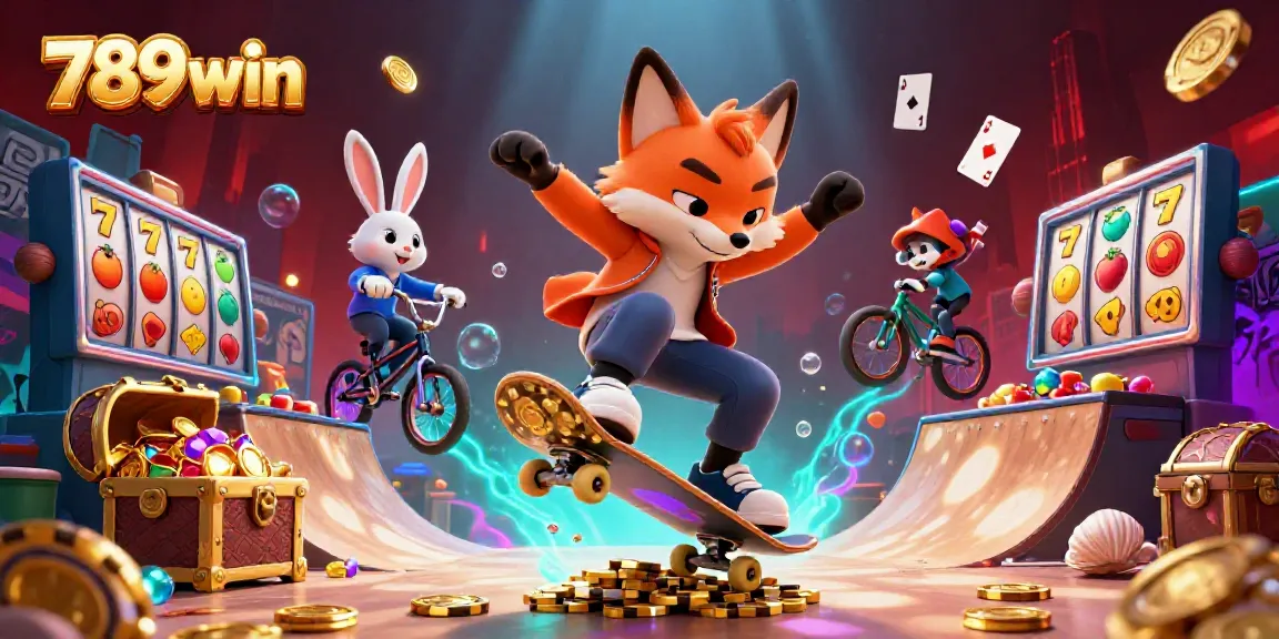 Experience the vibrant and thrilling atmosphere of 789win with a fox and rabbit engaging in fun casino-themed tricks.