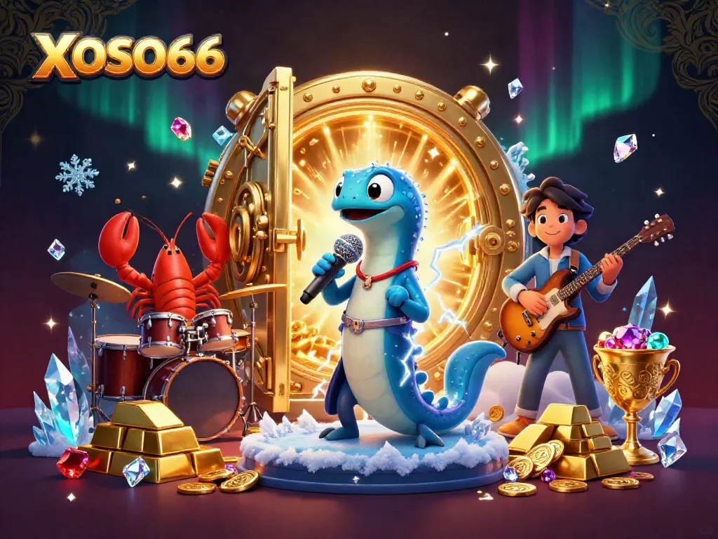 XOSO66 captures the excitement of winning with an electric eel DJ at an underwater casino stage, bursting with gold.