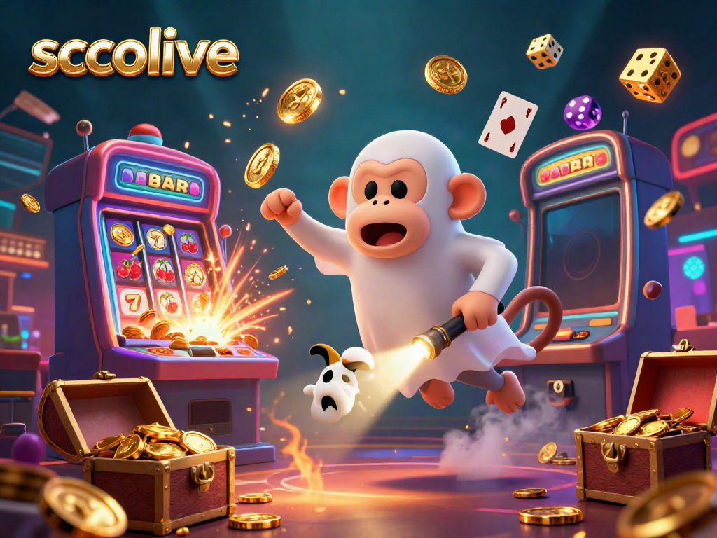 Socolive showcases a lively 3D casino scene filled with golden objects, a playful monkey, and an intrigued puppy exploring.