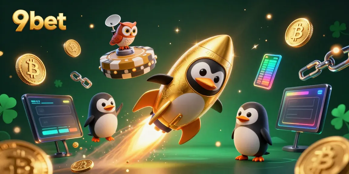 Experience 9bet action with a dynamic scene featuring a golden penguin and crypto coins in a vibrant casino space.