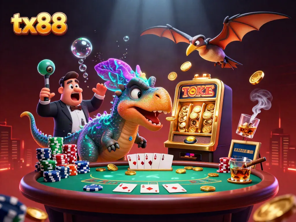 tx88 slot machine jackpot with cartoon dinosaurs and casino elements bursting with excitement