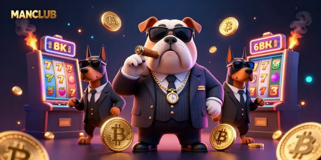 Engage with MANCLUB at a vibrant digital casino, featuring 3D characters and slot machines.