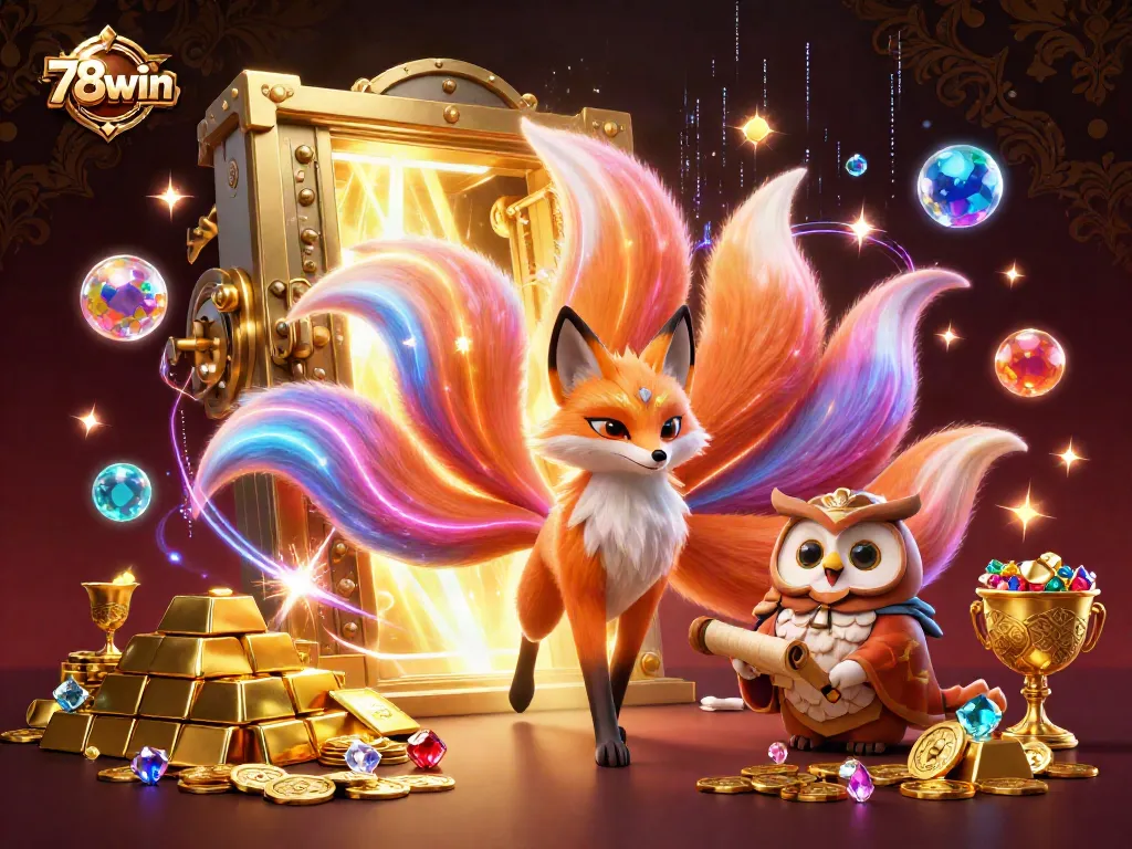 Experience thrilling gaming adventures with 78win, featuring a magical fox and treasures in a vibrant casino setting.