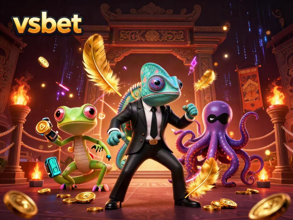Experience thrilling gameplay with vsbet's colorful chameleon, tech-savvy gecko, and villainous octopus in a vibrant gaming arena.