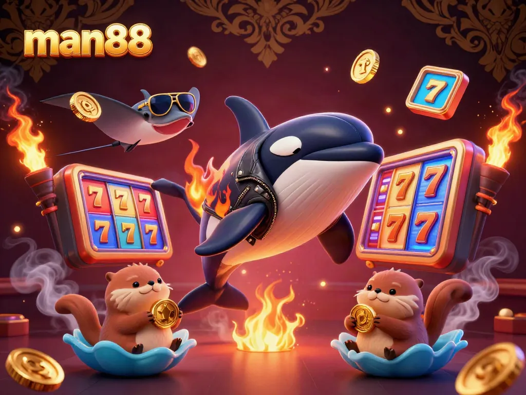 Experience thrilling slots and jackpots with man88 in a vibrant 3D casino scene filled with sea creatures and gold.