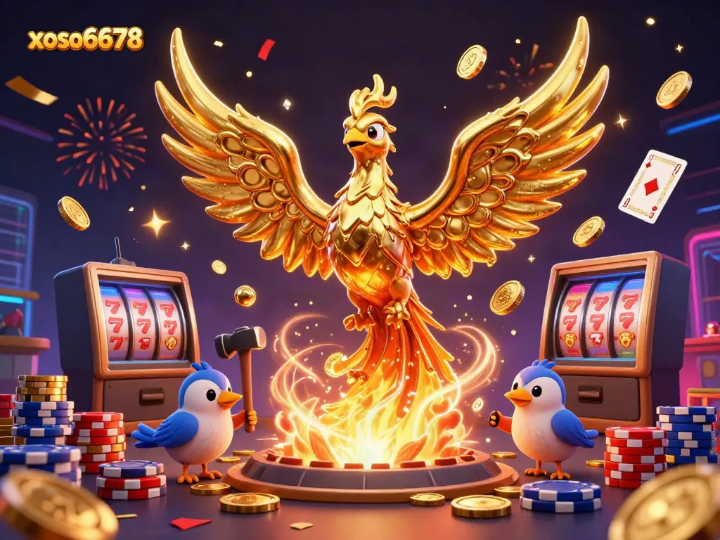 Experience the thrill of xoso6678 with a molten phoenix and jackpot gems in a dynamic casino scene.