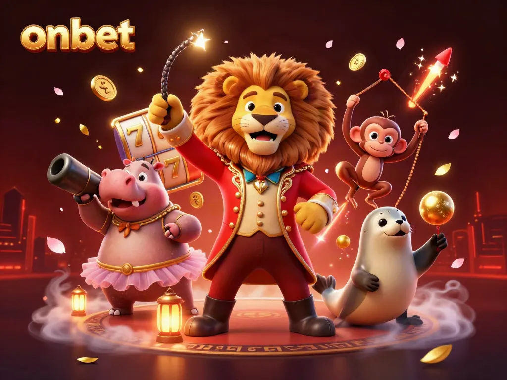 Experience action at onbet with a vibrant casino illustration showcasing lively characters and slot game elements.