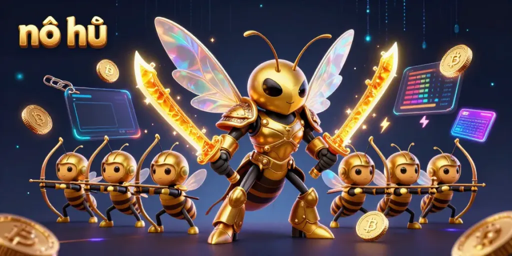 Engage in nổ hũ excitement with a dynamic 3D scene featuring a hornet samurai and bee archers.