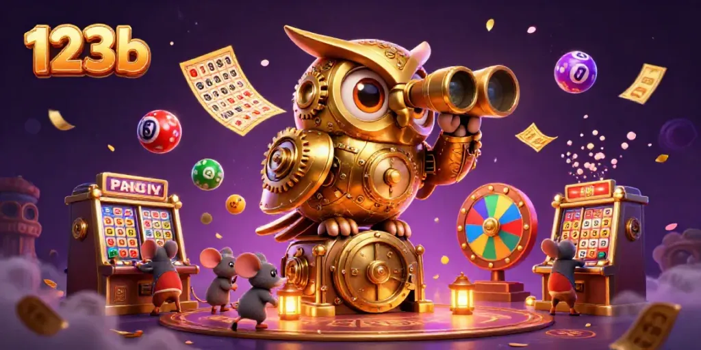 Engage with the 123b in a vibrant casino scene featuring a golden owl, whimsical mice, and lottery game elements.